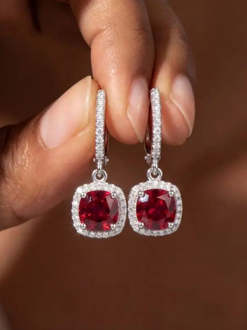 NEW 18k Ruby Diamond Earrings Diamond Dangle Drop Earrings Cushion Cut